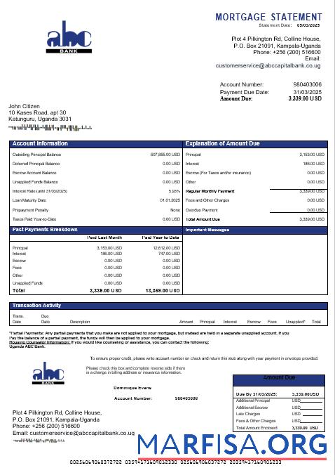Printable Uganda ABC Bank of Uganda mortgage statement in Word and PDF formats download for verification